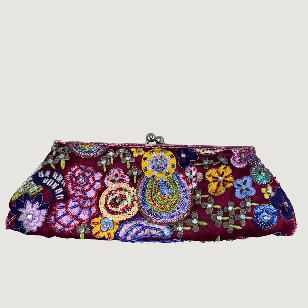 Unbranded Beaded Floral Embroidered Clutch Small Burgundy Boho Maximalist Bag